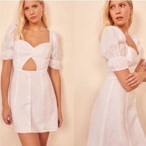 Reformation Dress Clay Cutout Mini Puff Sleeve Button Down in White Linen